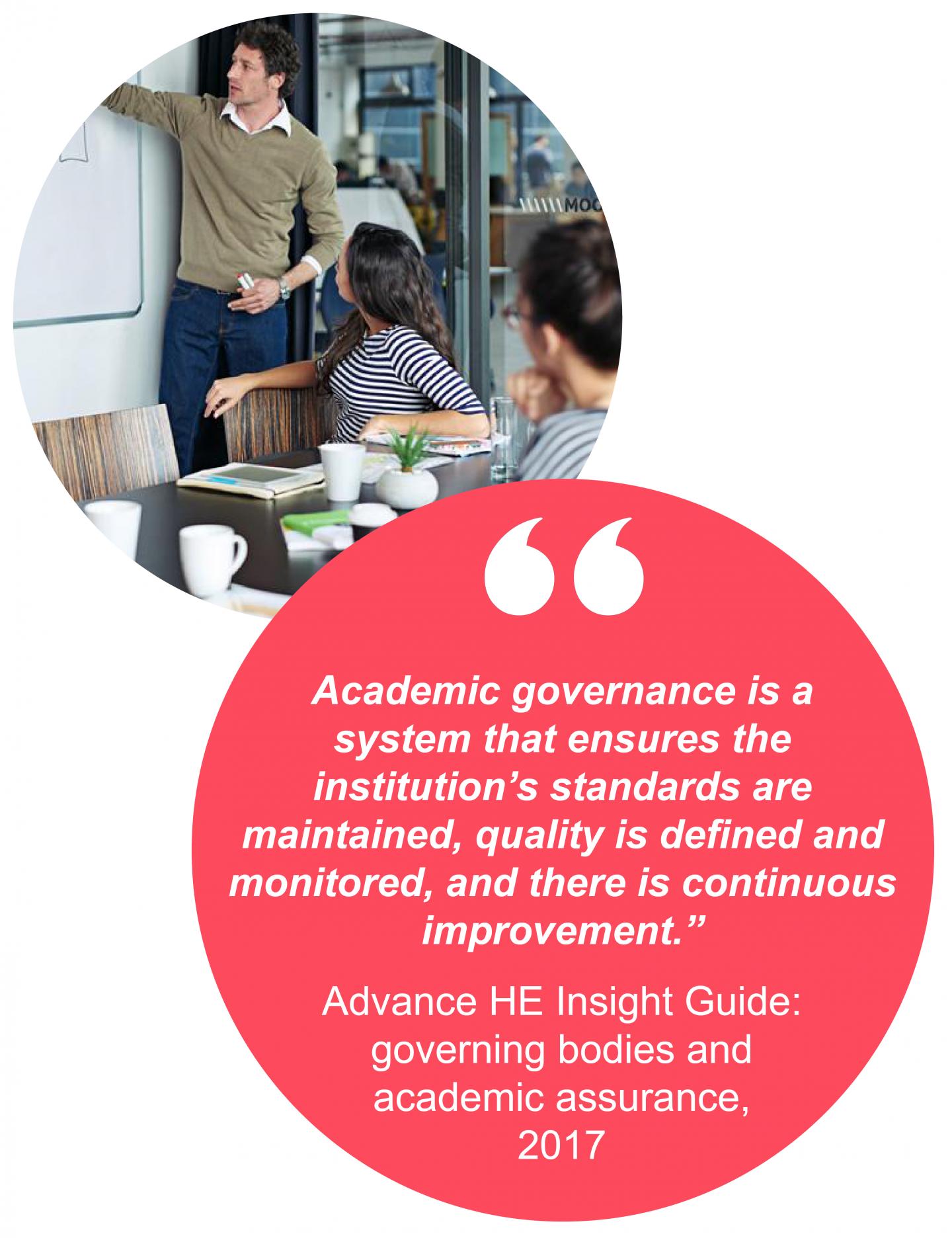 "Academic governance is a  system that ensures the  institution’s standards are  maintained, quality is defined and  monitored, and there is continuous  improvement.”  Advance HE Insight Guide:  governing bodies and  academic assurance,  2017