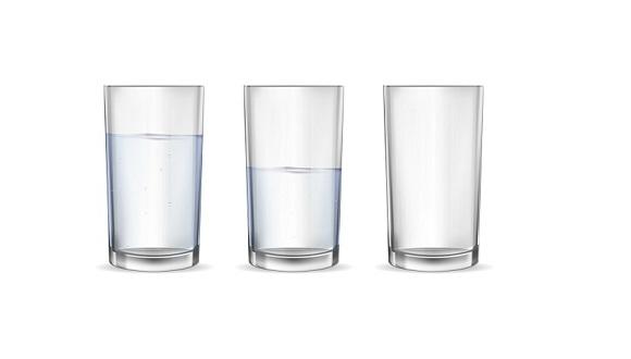 Image of a glass full of water, a glass half full and a glass empty