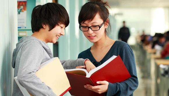 Two university students learning together in a library environment