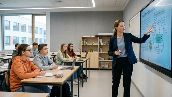 Female teacher pointing at interactive smartboard showing ecosystem dynamics diagram in modern secondary school classroom