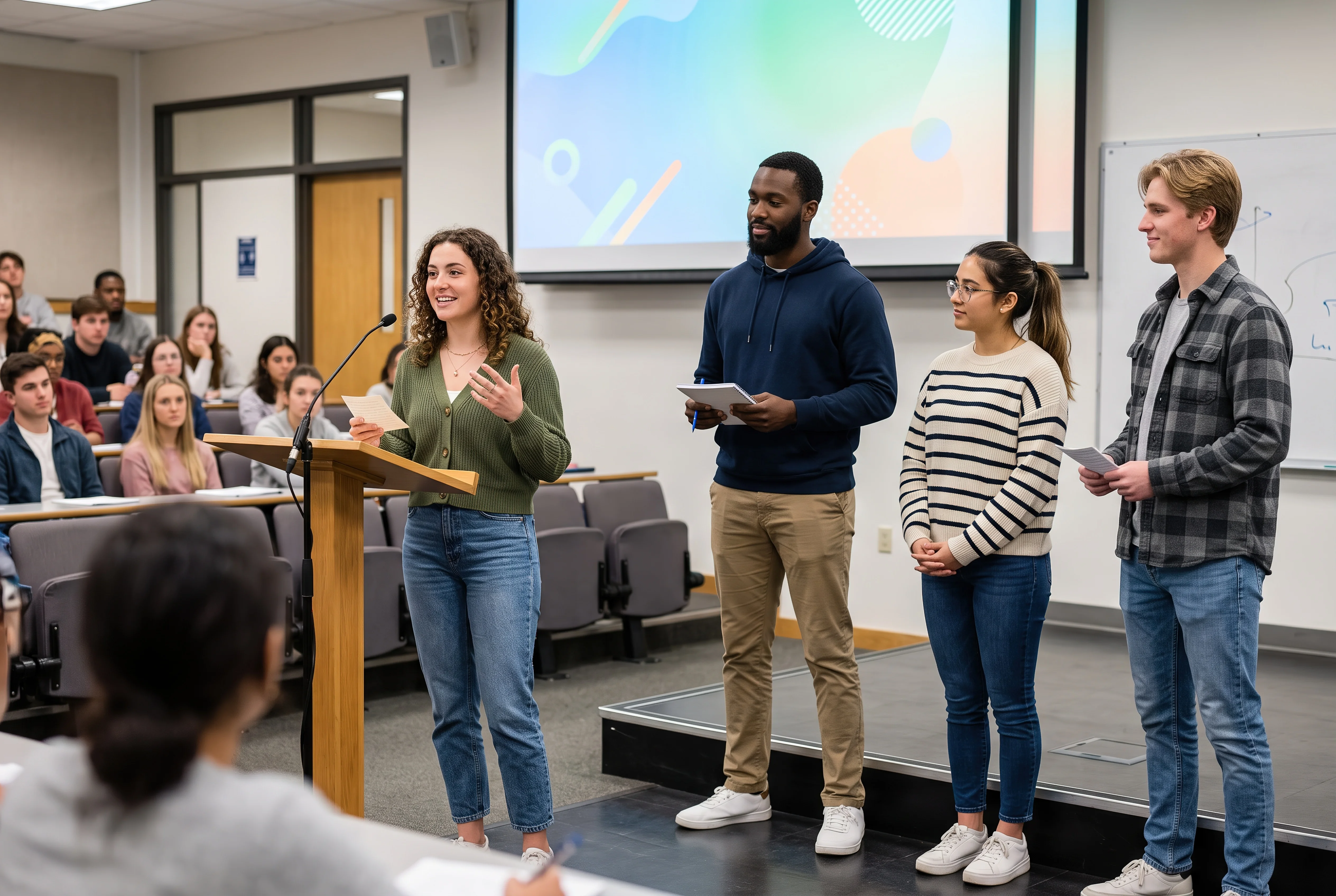 A group of students stands in front of a classroom, presenting their project. The audience listens from their seats. The presentation is in a university building
