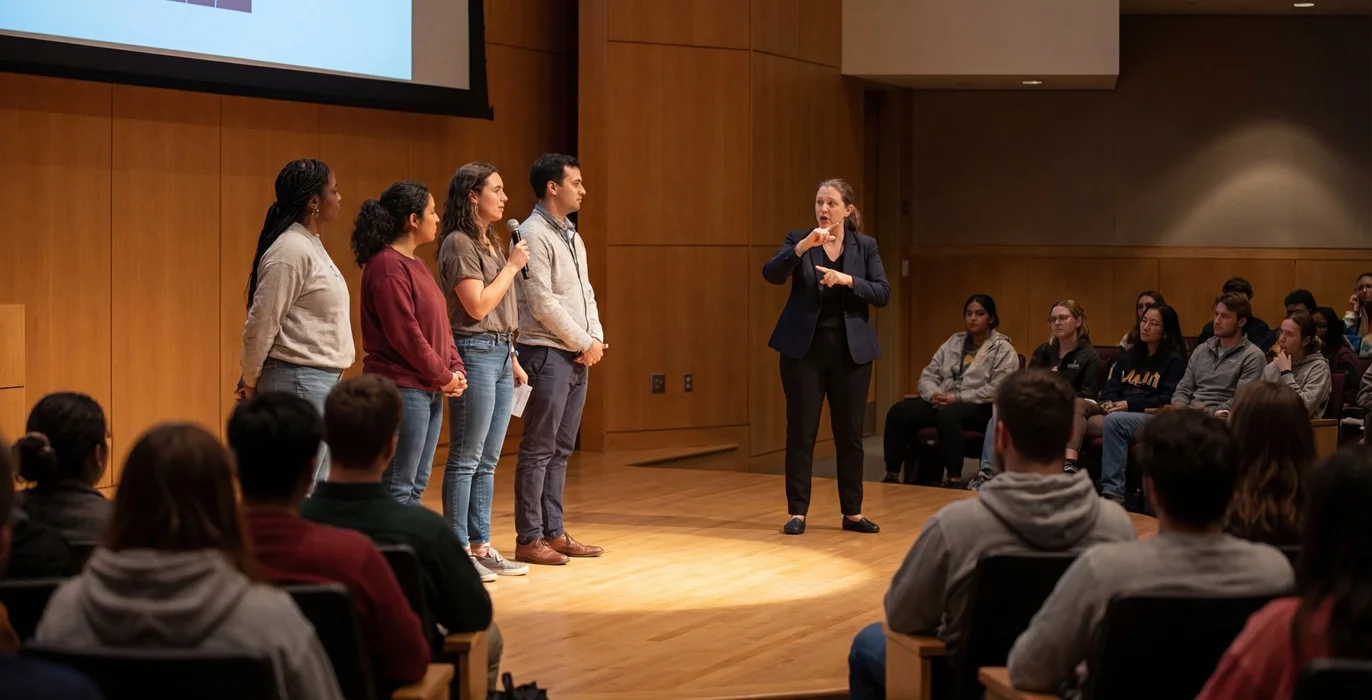 interpreter signing beside student speakers on stage for accessible education events