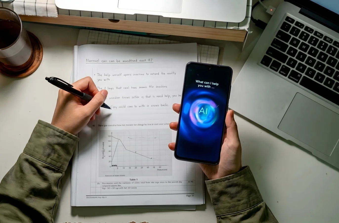 Top view of a school student writing on a notebook and holding a smartphone with an artificial intelligence virtual assistant interface