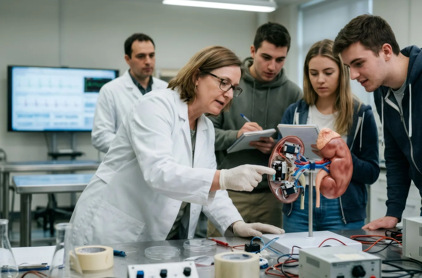 Woman professor teaching students about human organ model in laboratory
