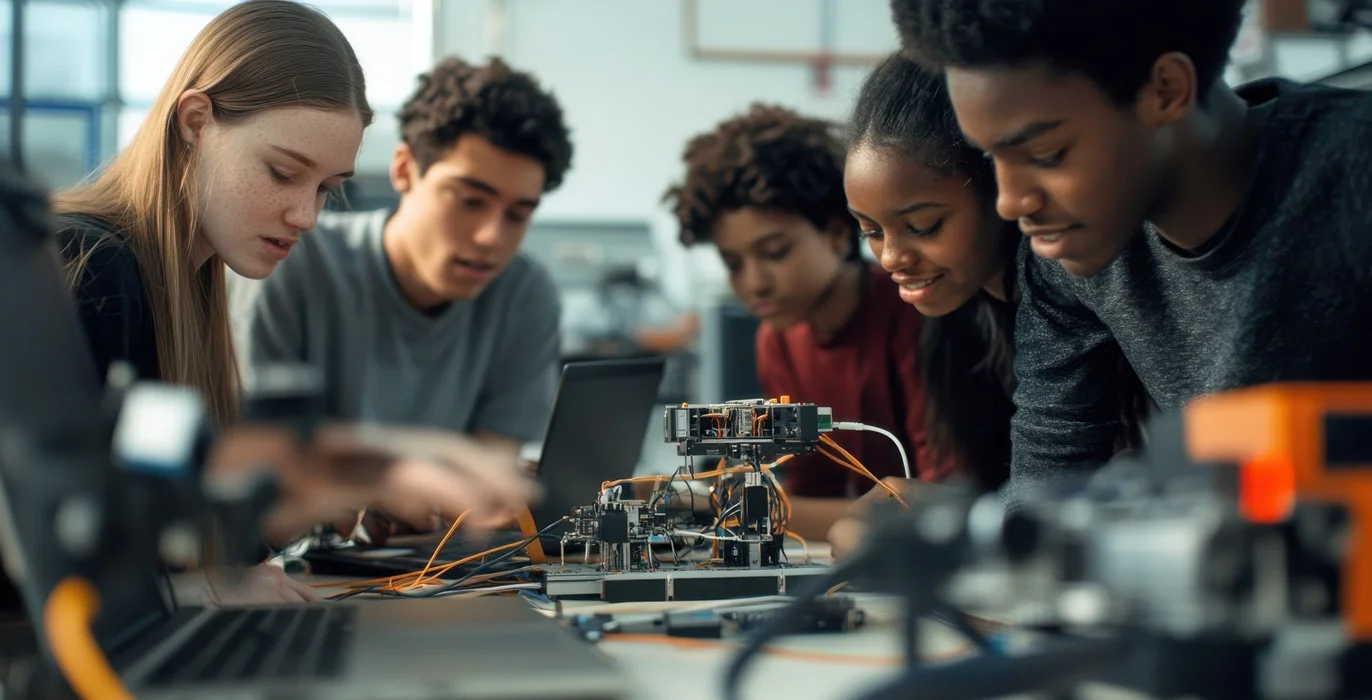 A diverse group of students collaborates on a robotics project in a campus lab during their study session