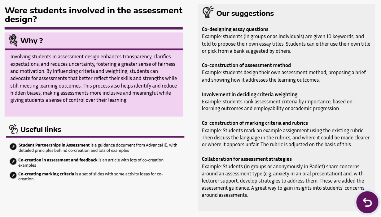 Support and strategies from the Inclusive Assessment Tool in relation to the question “were students involved in the assessment design?”