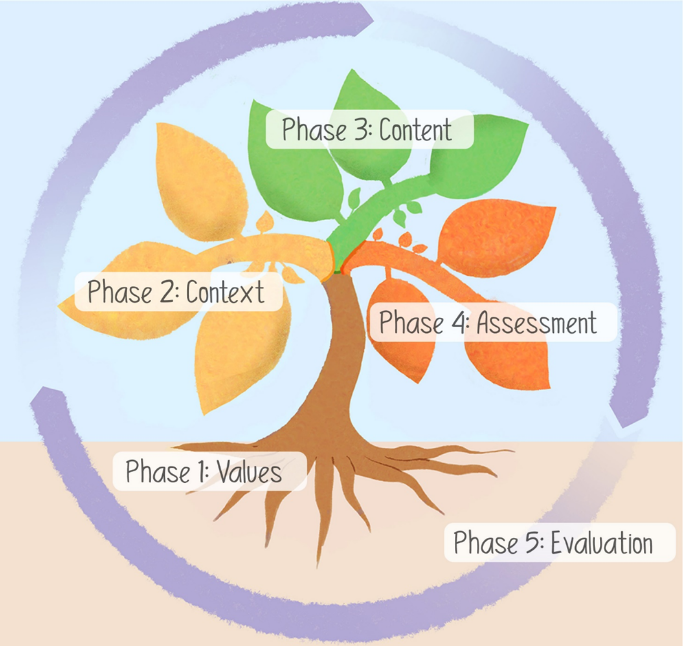 Graphic of tree with labels: 'Phase 1: values', 'Phase 2: Context', 'Phase 3: Content', 'Phase 4: Assessment', 'Phase 5: Evaluation'