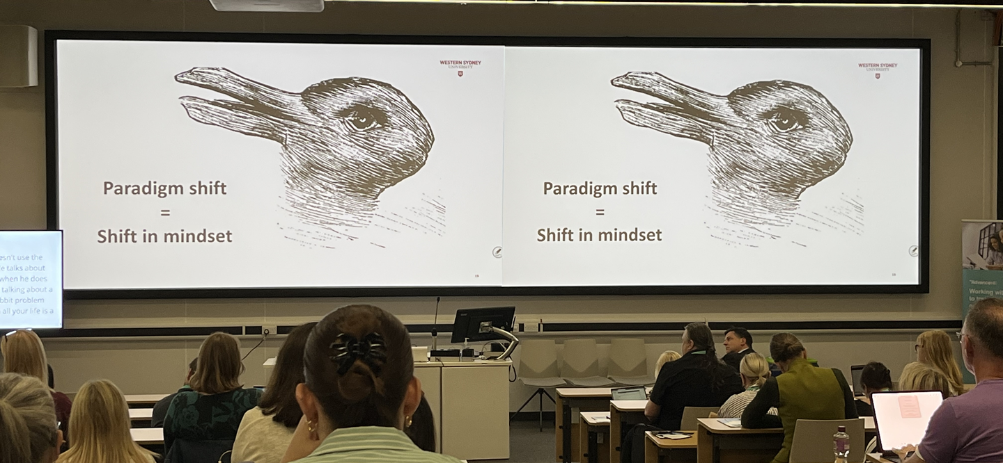 Slide from Cath Ellis' keynote speech of the rabbit and duck image, indicating the paradigm shift required in HE assessment.